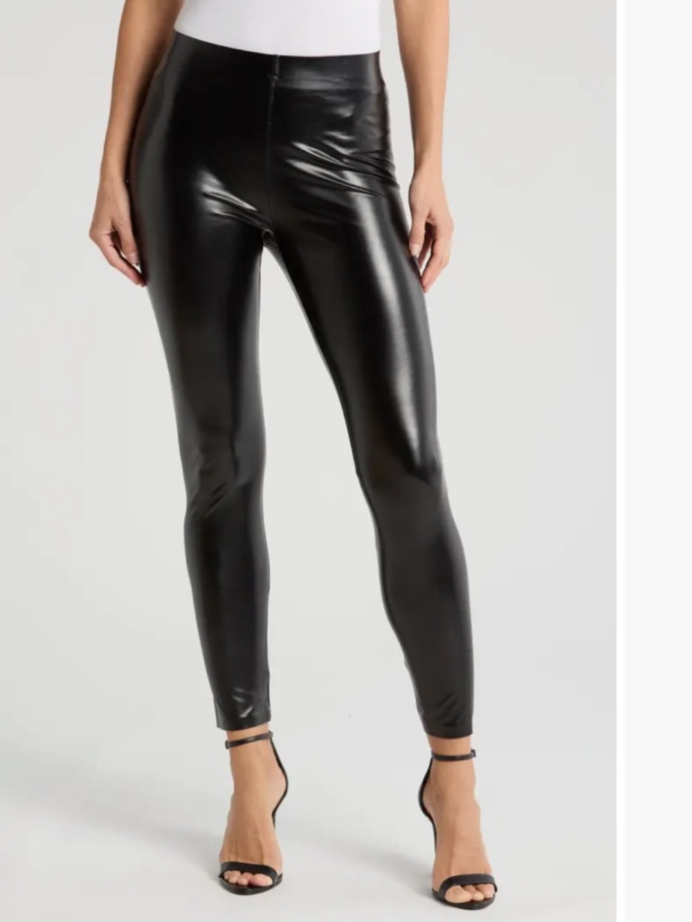 NWOT Hue Black shiny Coated Cigarette Vegan Leather High Waist Leggings SZ L - Picture 2 of 14